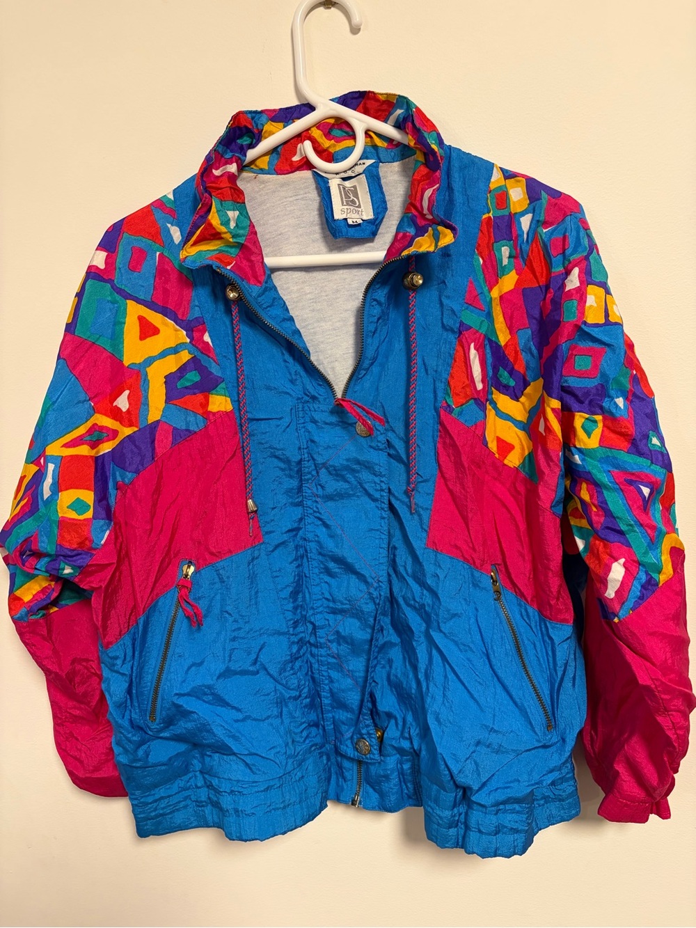 Vintage 1990s Women’s Medium Windbreaker Jacket Neon Full Zip Geometric Retro